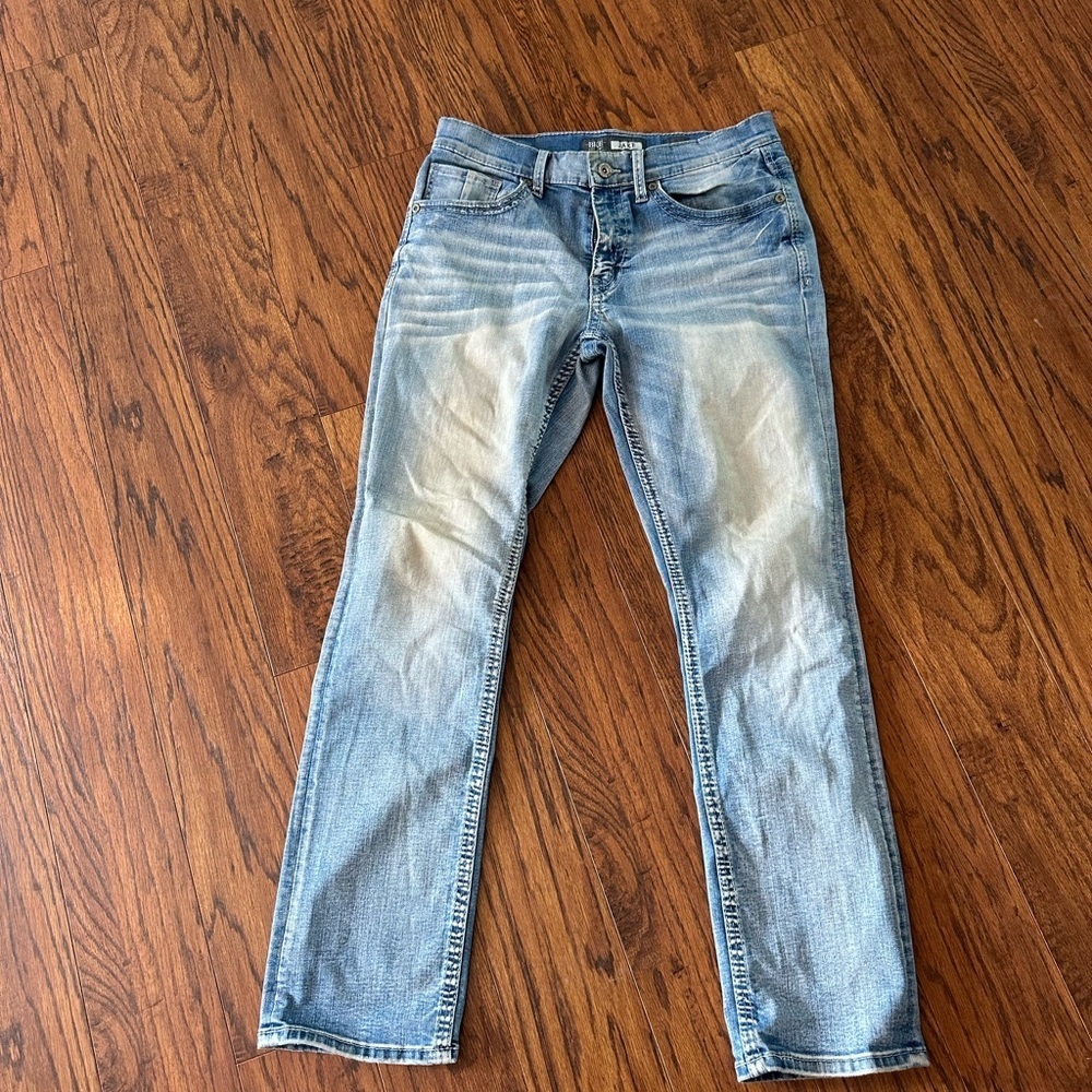 BKE Blue Straight Leg Jeans with Natural Distressing